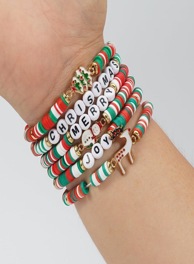 Lonext 6pcs Christmas Bracelets for Women Polymer Clay Stackable Stretch XMAS Gift Beaded Bracelets - Image 2